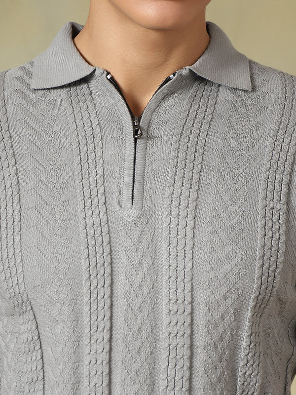 Grey Jacquard Textured Polo Tshirt