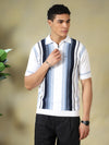 White-Blue Men's Vertical-Striped Knitted Zip Polo T-shirt