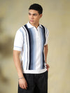 White-Blue Men's Vertical-Striped Knitted Zip Polo T-shirt