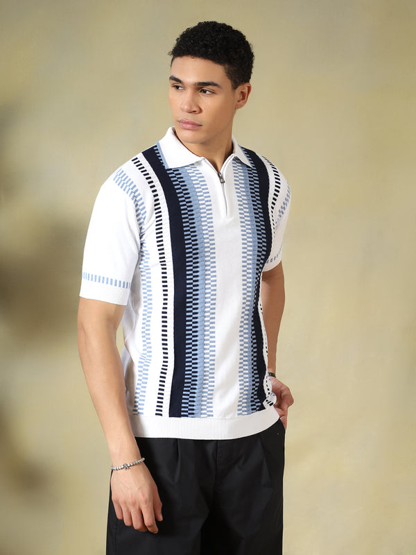 White-Blue Men's Vertical-Striped Knitted Zip Polo T-shirt