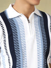 White-Blue Men's Vertical-Striped Knitted Zip Polo T-shirt