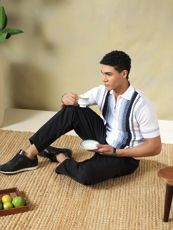 White-Blue Men's Vertical-Striped Knitted Zip Polo T-shirt