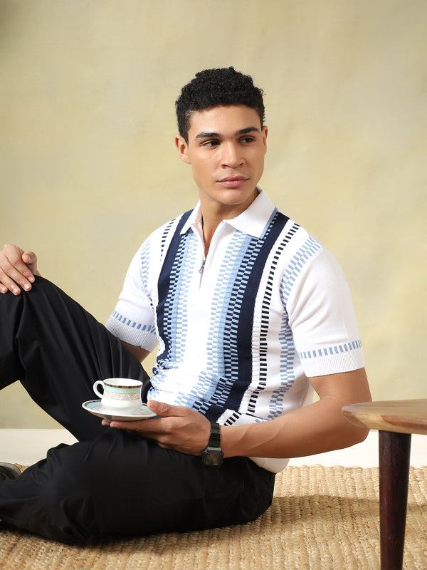 White-Blue Men's Vertical-Striped Knitted Zip Polo T-shirt
