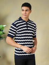 Navy and White Striped Quarter-Zip Knitted Polo Tshirt