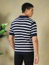 Navy and White Striped Quarter-Zip Knitted Polo Tshirt