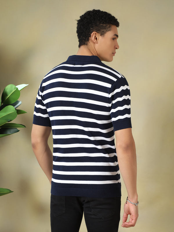 Navy and White Striped Quarter-Zip Knitted Polo Tshirt