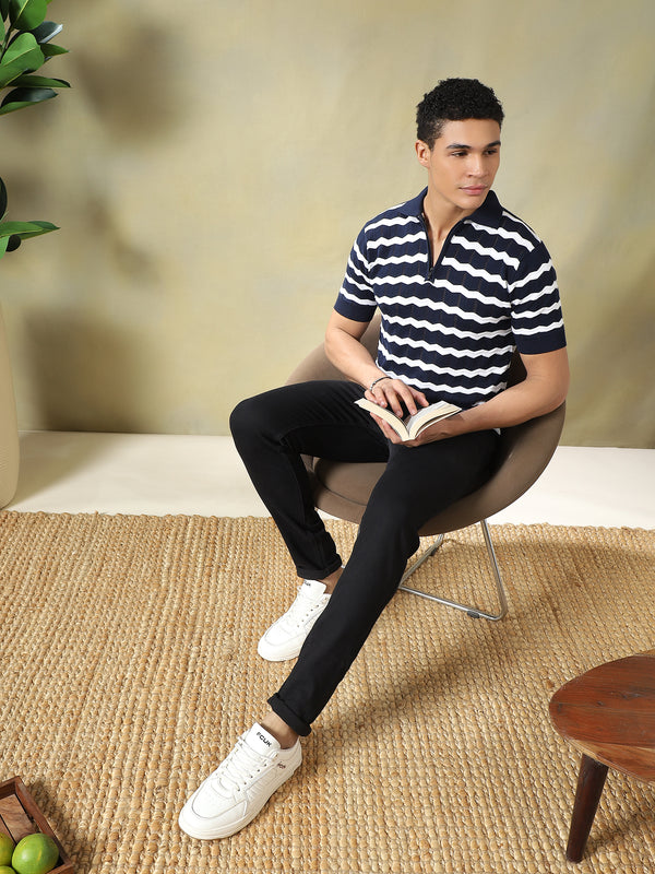 Navy and White Striped Quarter-Zip Knitted Polo Tshirt