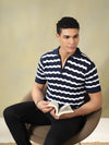 Navy and White Striped Quarter-Zip Knitted Polo Tshirt