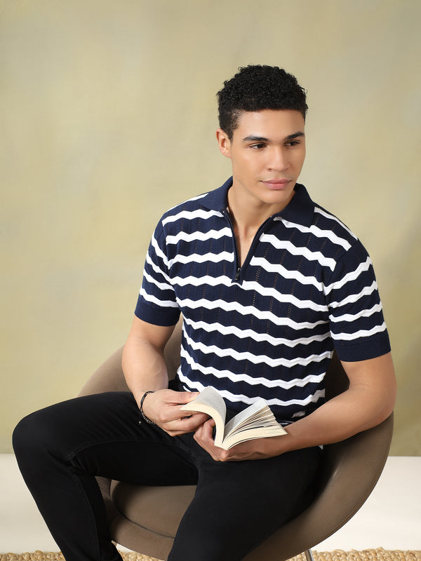 Navy and White Striped Quarter-Zip Knitted Polo Tshirt