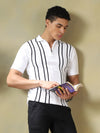 Men's Textured Vertical Striped Knit Polo T-shirt with a Zip Neck