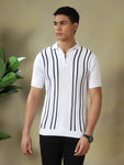 Men's Textured Vertical Striped Knit Polo T-shirt with a Zip Neck