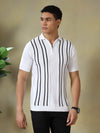 Men's Textured Vertical Striped Knit Polo T-shirt with a Zip Neck