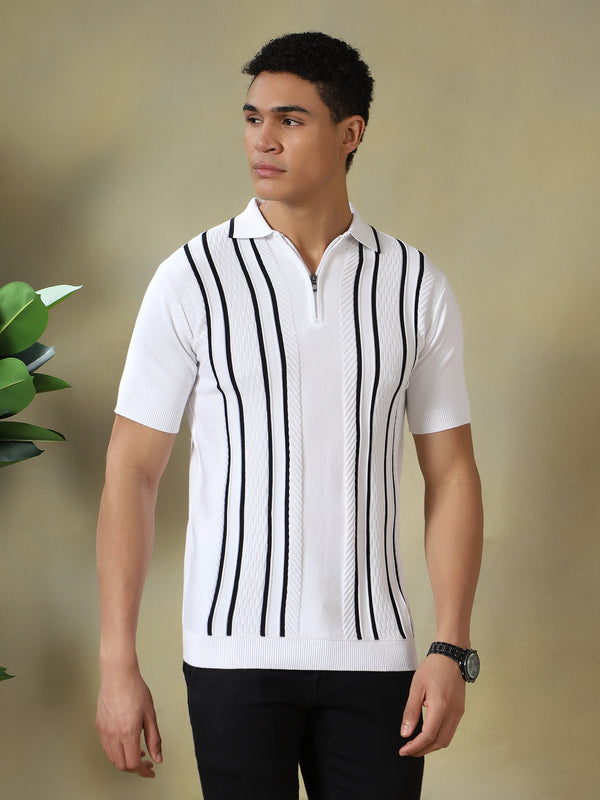 Men's Textured Vertical Striped Knit Polo T-shirt with a Zip Neck