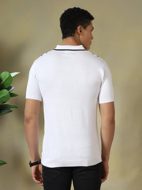 Men's Textured Vertical Striped Knit Polo T-shirt with a Zip Neck