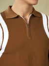 Brown Flat Knit Zip Polo T-Shirt.