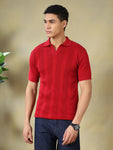 Red Textured Knit Polo Red T-Shirt