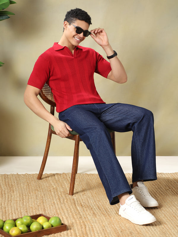 Red Textured Knit Polo Red T-Shirt