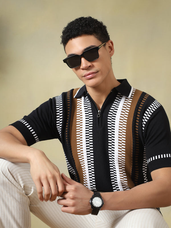 Black & Brown Quarter-Zip Knitted Polo Tshirt