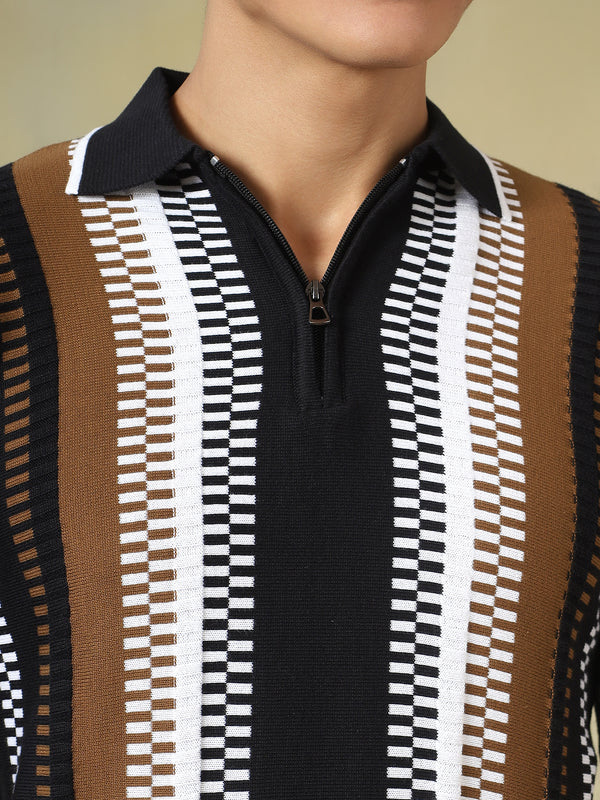 Black & Brown Quarter-Zip Knitted Polo Tshirt