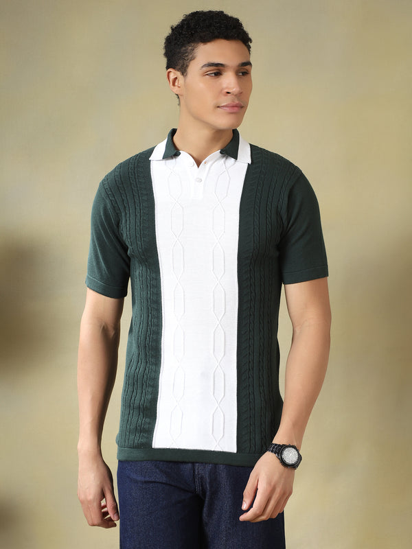 Green Cable-Knit Panel Polo Tshirt