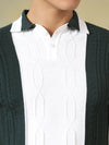 Green Cable-Knit Panel Polo Tshirt