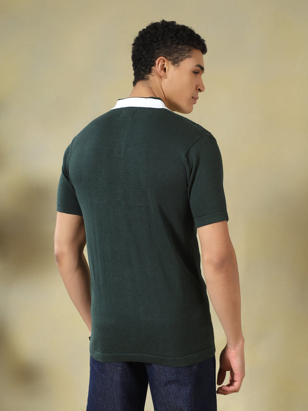 Green Cable-Knit Panel Polo Tshirt
