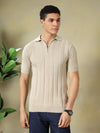 Beige Textured Knitted Polo.