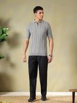 Grey Jacquard Textured Polo Tshirt