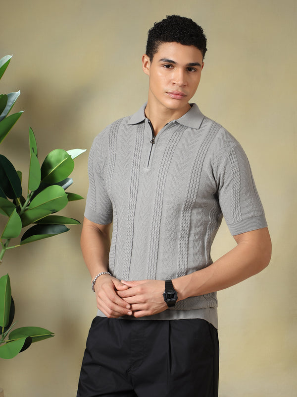 Grey Jacquard Textured Polo Tshirt