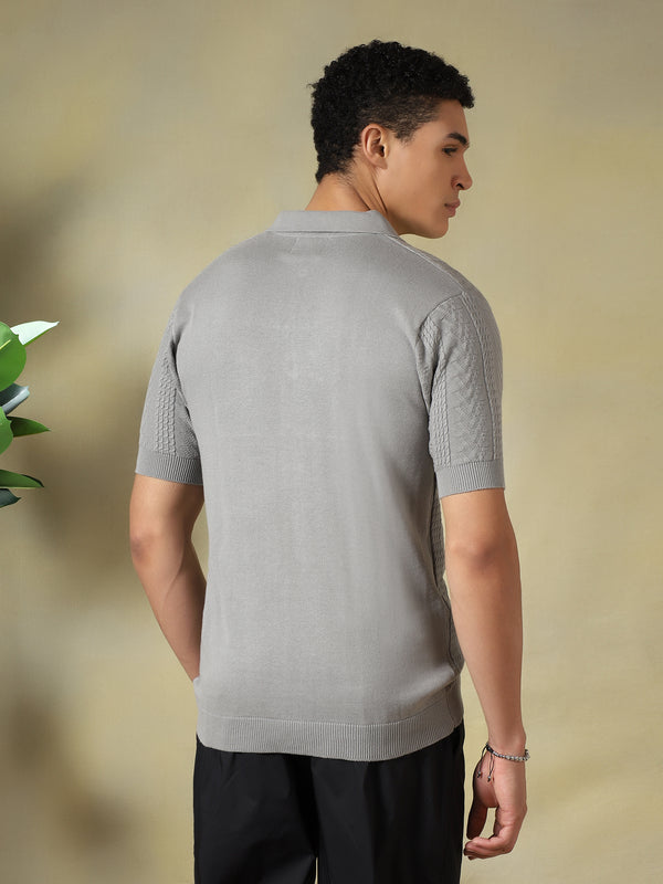 Grey Jacquard Textured Polo Tshirt