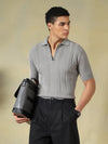 Grey Jacquard Textured Polo Tshirt