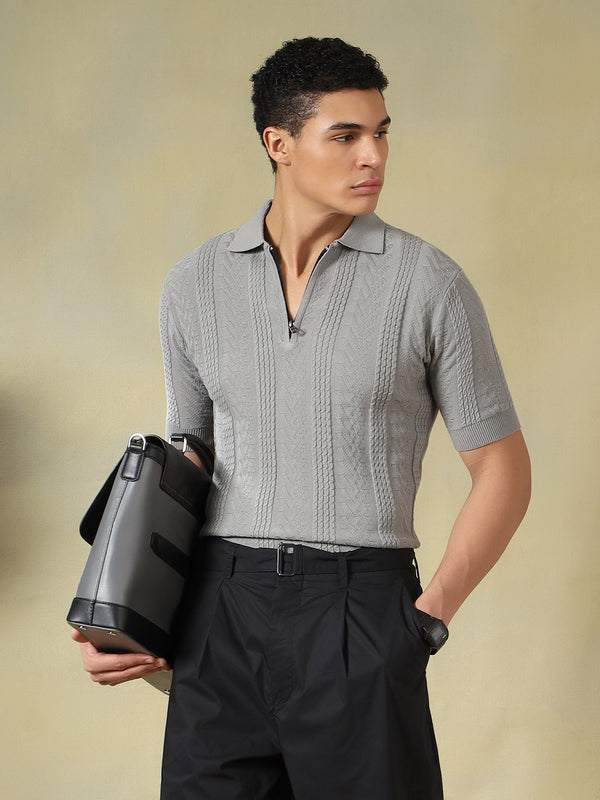 Grey Jacquard Textured Polo Tshirt