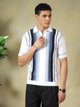 White-Blue Men's Vertical-Striped Knitted Zip Polo T-shirt