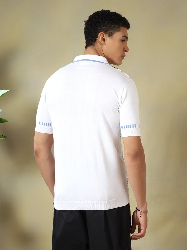White-Blue Men's Vertical-Striped Knitted Zip Polo T-shirt