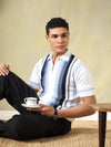 White-Blue Men's Vertical-Striped Knitted Zip Polo T-shirt