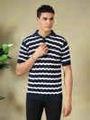Navy and White Striped Quarter-Zip Knitted Polo Tshirt