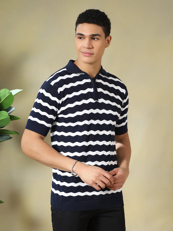 Navy and White Striped Quarter-Zip Knitted Polo Tshirt