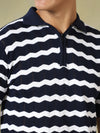 Navy and White Striped Quarter-Zip Knitted Polo Tshirt