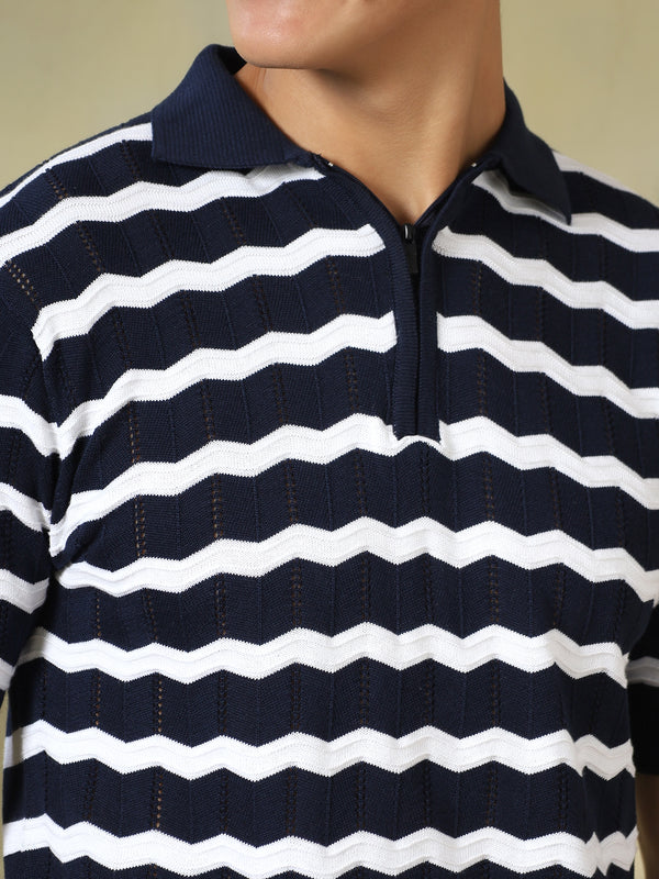 Navy and White Striped Quarter-Zip Knitted Polo Tshirt
