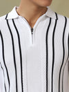 Men's Textured Vertical Striped Knit Polo T-shirt with a Zip Neck