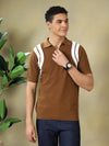 Brown Flat Knit Zip Polo T-Shirt.