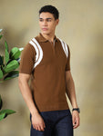 Brown Flat Knit Zip Polo T-Shirt.