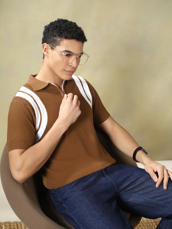 Brown Flat Knit Zip Polo T-Shirt.