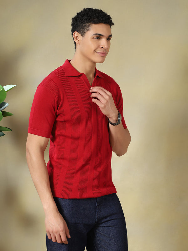 Red Textured Knit Polo Red T-Shirt