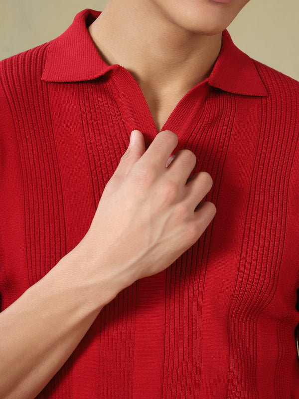 Red Textured Knit Polo Red T-Shirt