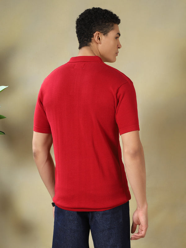 Red Textured Knit Polo Red T-Shirt