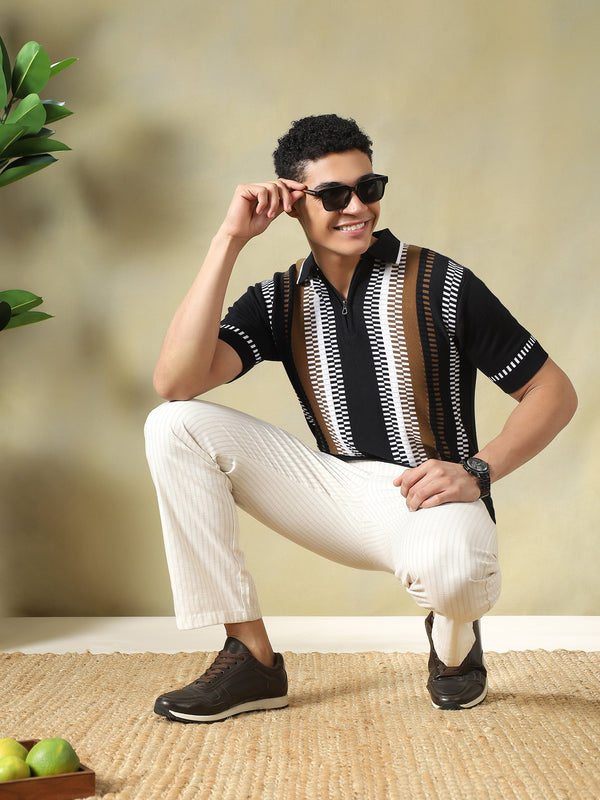 Black & Brown Quarter-Zip Knitted Polo Tshirt