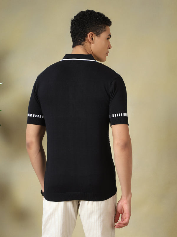 Black & Brown Quarter-Zip Knitted Polo Tshirt