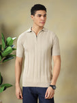 Beige Textured Knitted Polo.