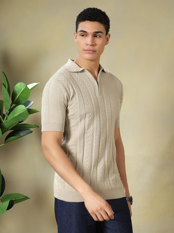 Beige Textured Knitted Polo.